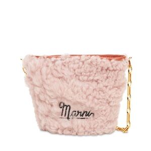 Marni nano shearling bucket bag with chain strap in pink fur and orange leather